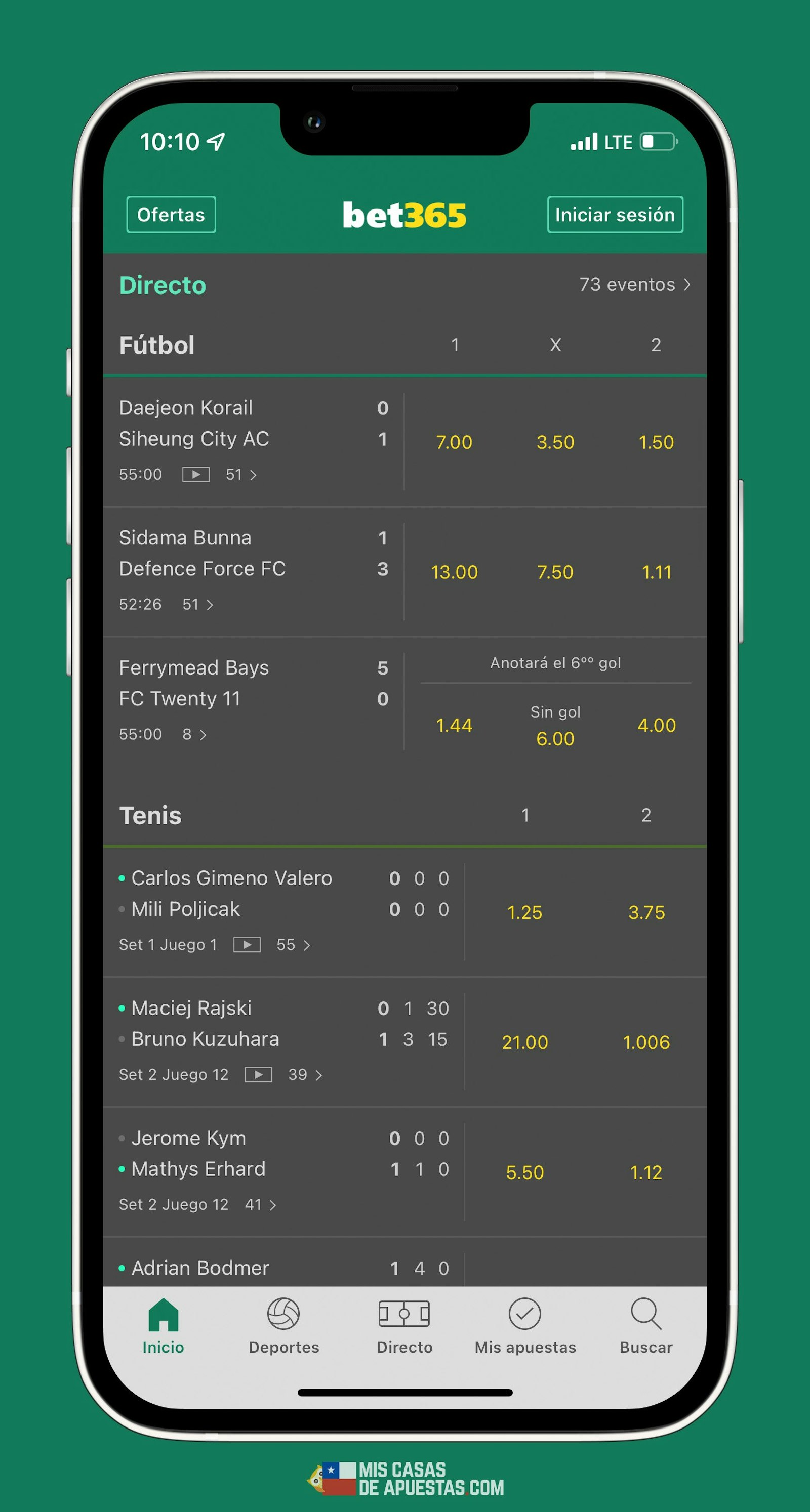 Bet365 celular listado partidos